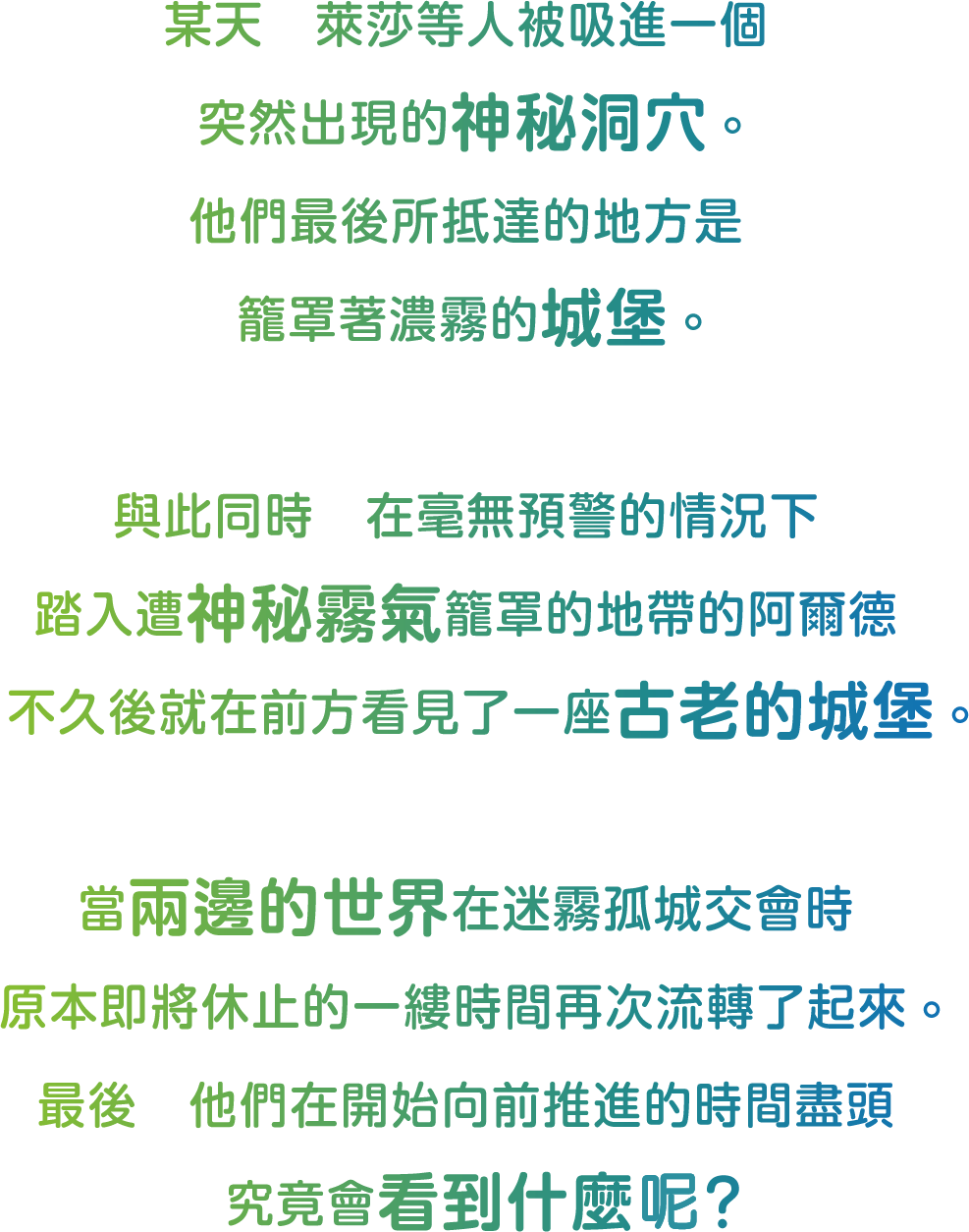 某天　萊莎等人被吸進一個
突然出現的神秘洞穴 。
他們最後所抵達的地方是
籠罩著濃霧的城堡 。

與此同時　在毫無預警的情況下
踏入遭神秘霧氣籠罩的地帶的阿爾德
不久後就在前方看見了一座古老的城堡 。

當兩邊的世界在迷霧孤城交會時
原本即將休止的一縷時間再次流轉了起來 。
最後　他們在開始向前推進的時間盡頭
究竟會看到什麼呢？