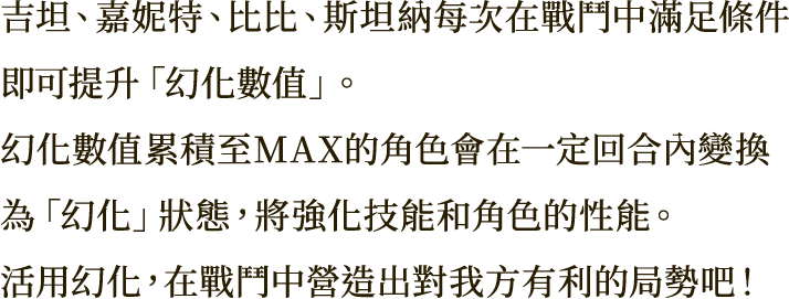 吉坦、嘉妮特、比比、斯坦納每次在戰鬥中滿足條件即可提升「幻化數值」。
幻化數值累積至MAX的角色會在一定回合內變換為「幻化」狀態，將強化技能和角色的性能。
活用幻化，在戰鬥中營造出對我方有利的局勢吧！